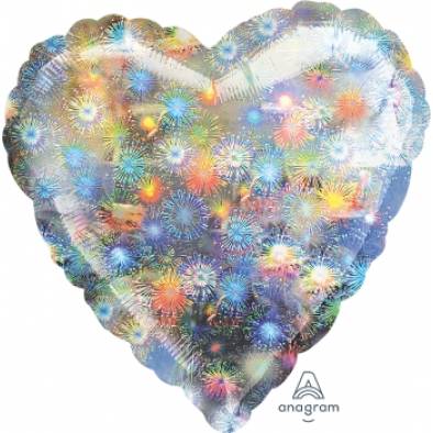 Silver Hologram Fireworks Heart A16274 Foil Balloon
