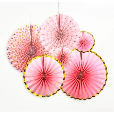Gold Edge Paper Fans Set JQ80263 (Pink) (6pcs)