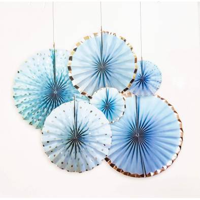 Silver Edge Paper Fans Set JQ80267 (Blue) (6pcs)