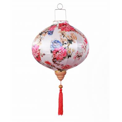 CNY 14inch Round Hotstamp Mudan Satin Lantern (White)