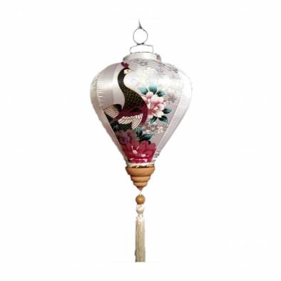 14inch Vietnamese Peacock Satin Cloth Lantern (White)