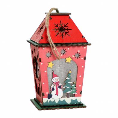 LED Christmas Red Wooden Lantern (Snowman)